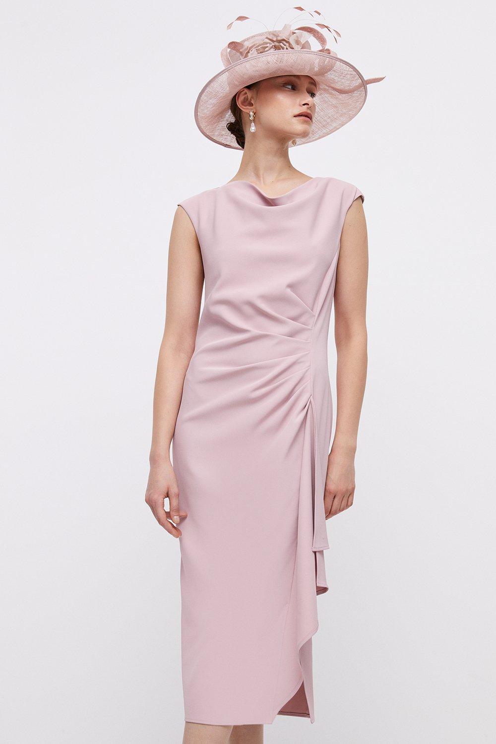 Pencil Dress With Tucked Waist & Ruffle - Pink