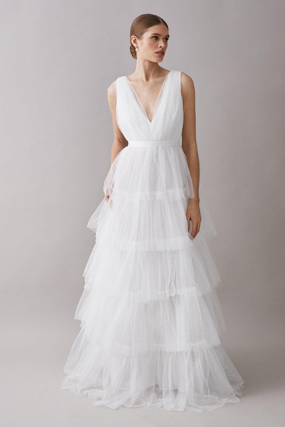 V Neck Tiered Tie Waist Tulle Dress - Ivory