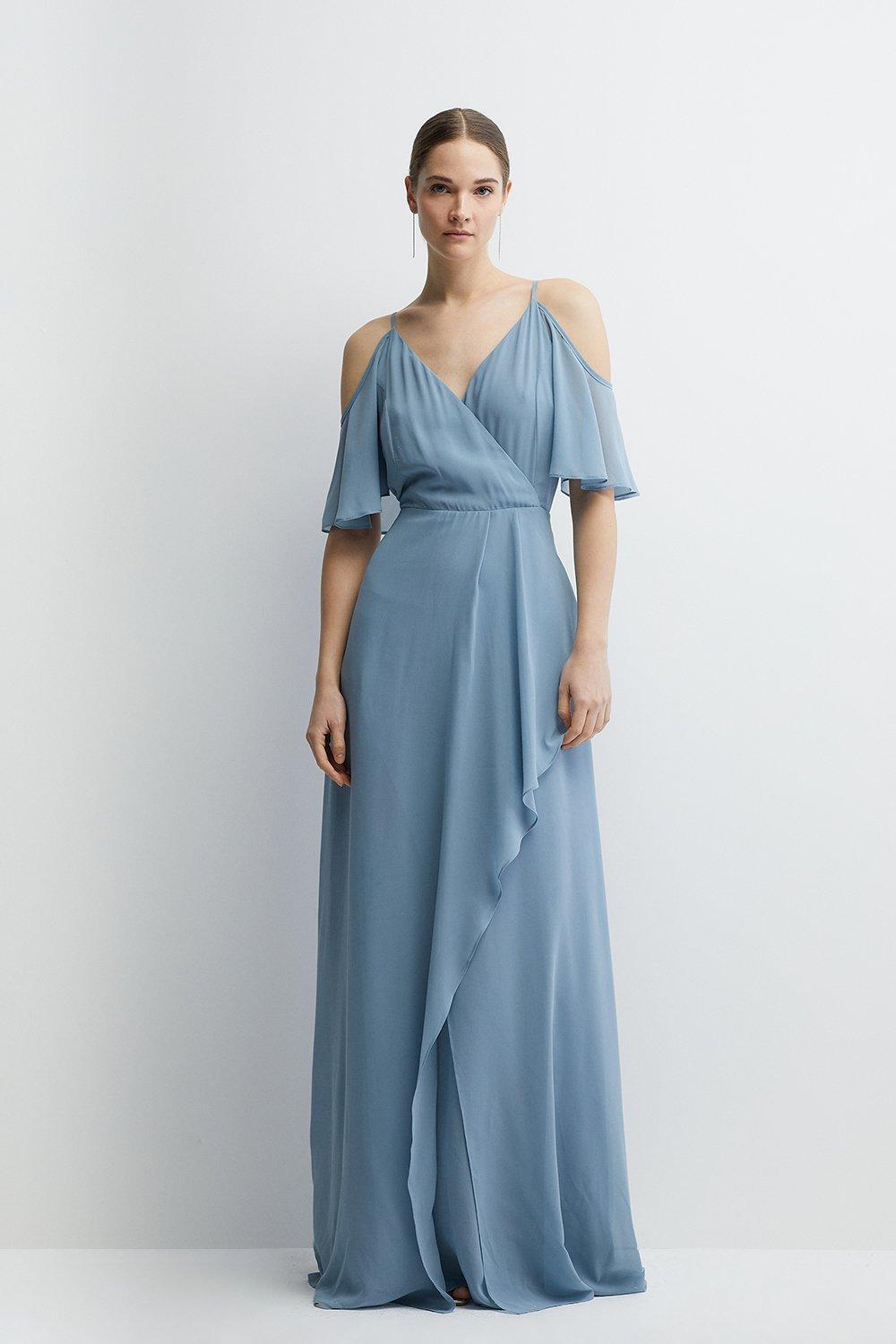 Cold Shoulder Fixed Wrap Maxi Bridesmaids Dress - Pale Blue