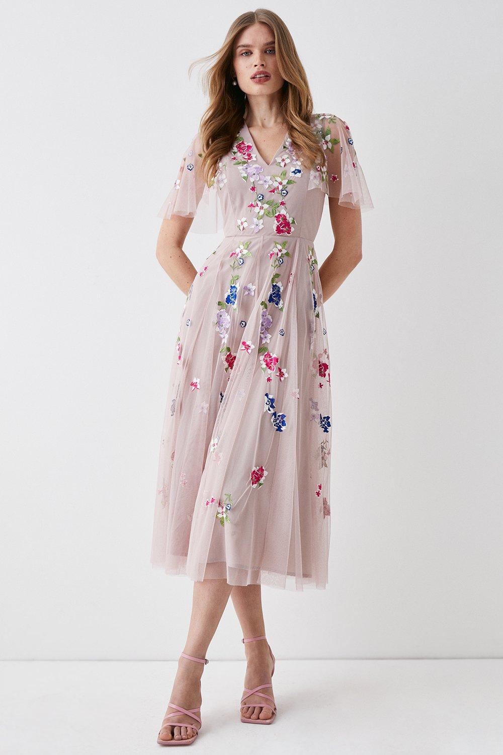 Cape Sleeve Floral Embroidered Mesh Midi Dress - Pink