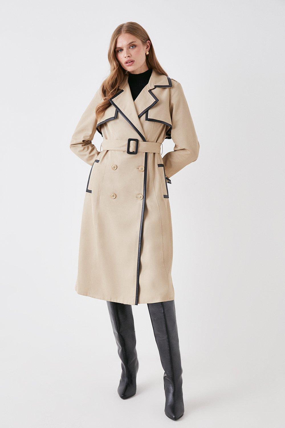 Pu Trimmed Belted Trench Coat - Camel