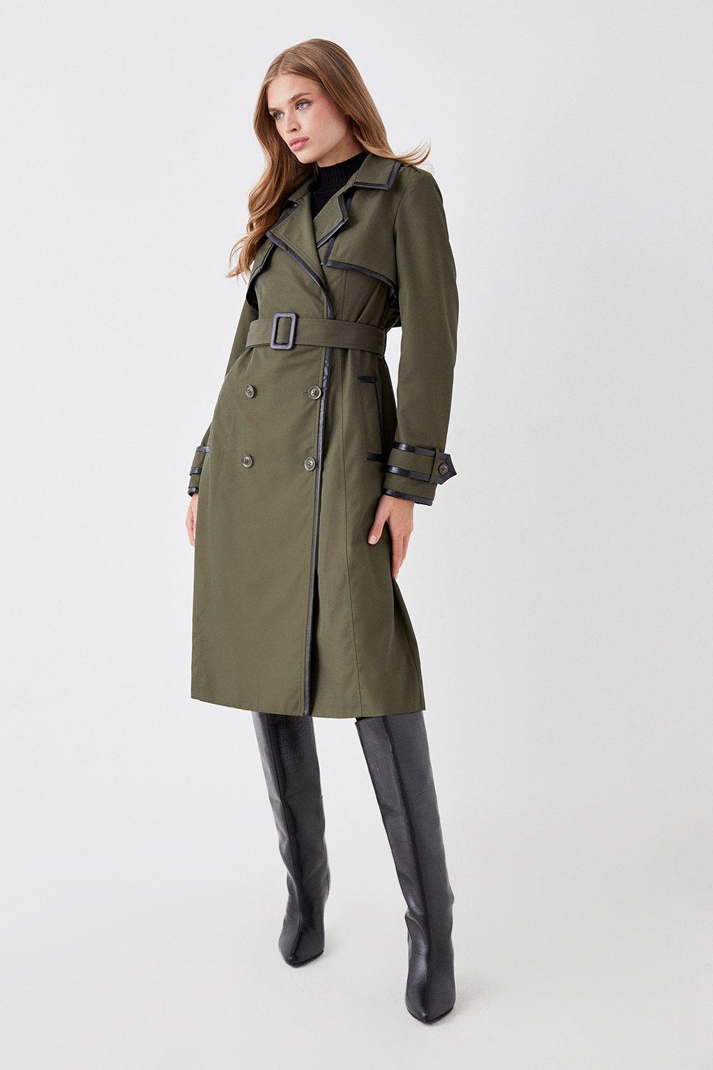 Pu Trimmed Belted Trench Coat - Green