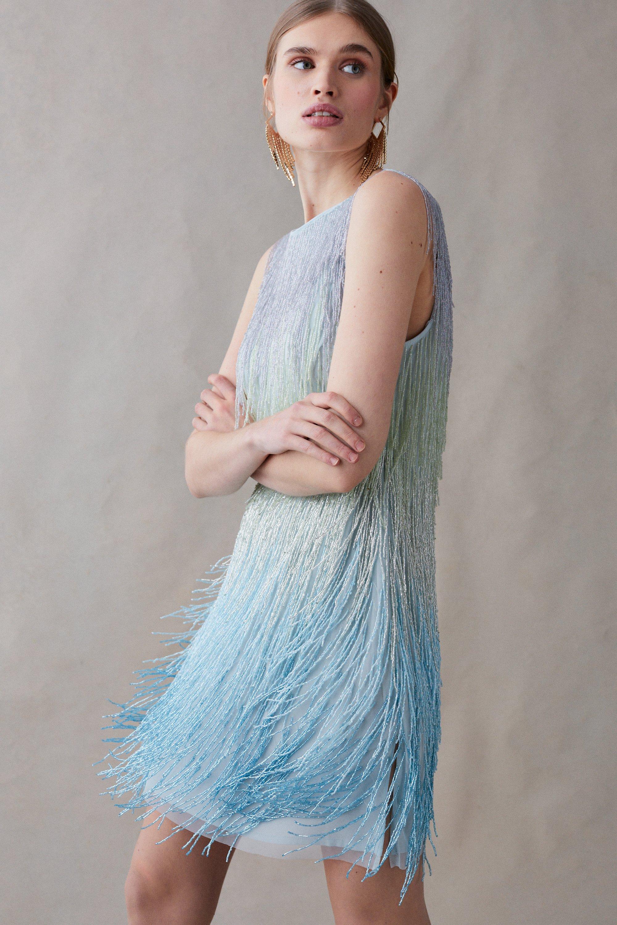 Tiered Embellished Fringe Ombre Midi Dress - Turquoise
