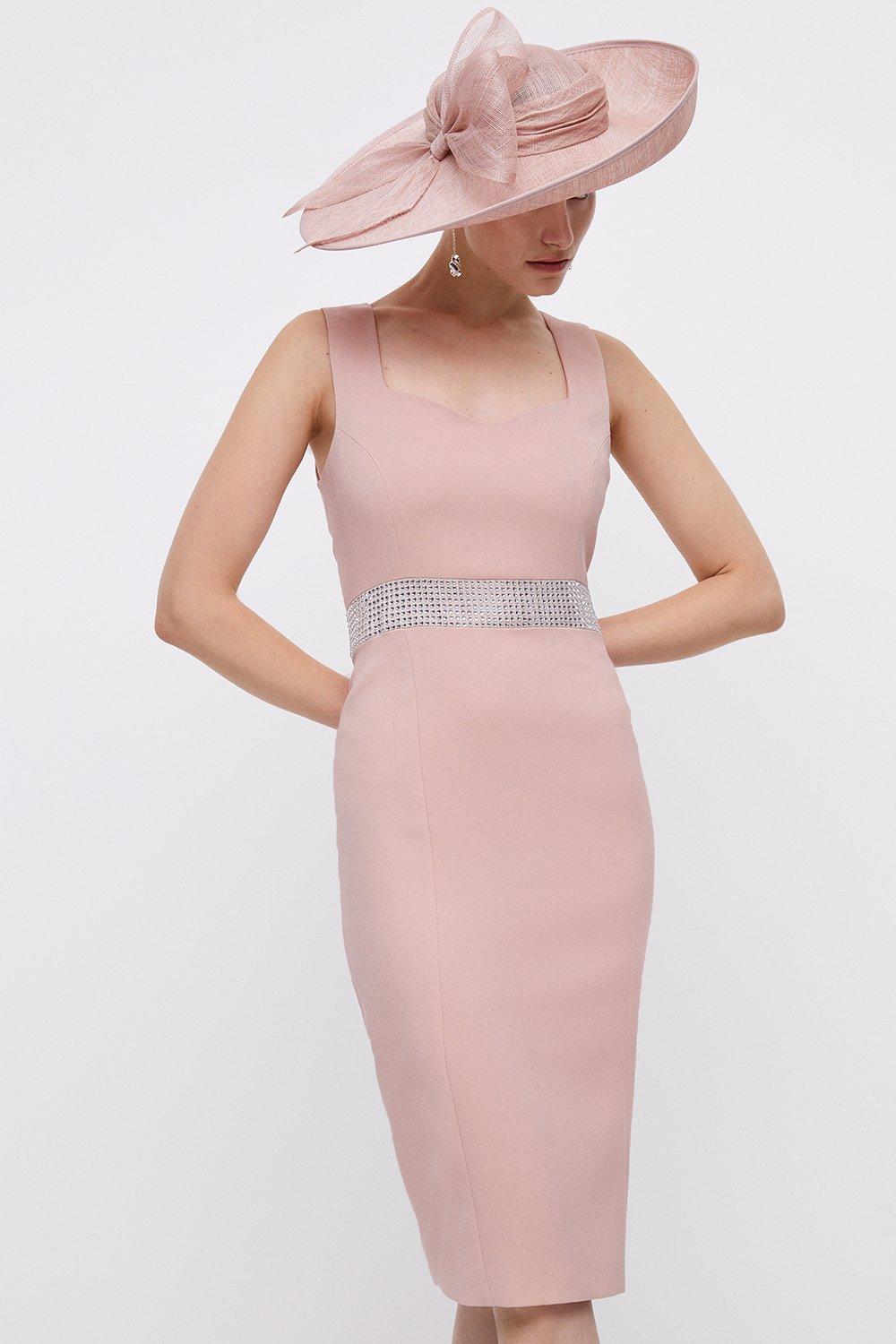 Pencil Dress With Diamante Trim Waist - Pink