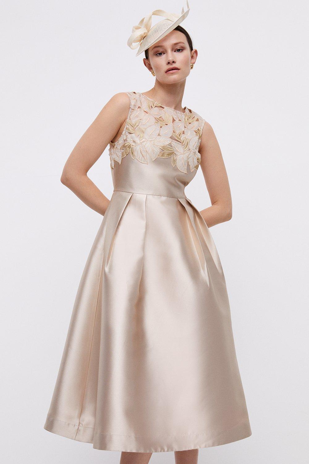 Cutwork Lace Trim Full Skirt Midi Dress - Champagne