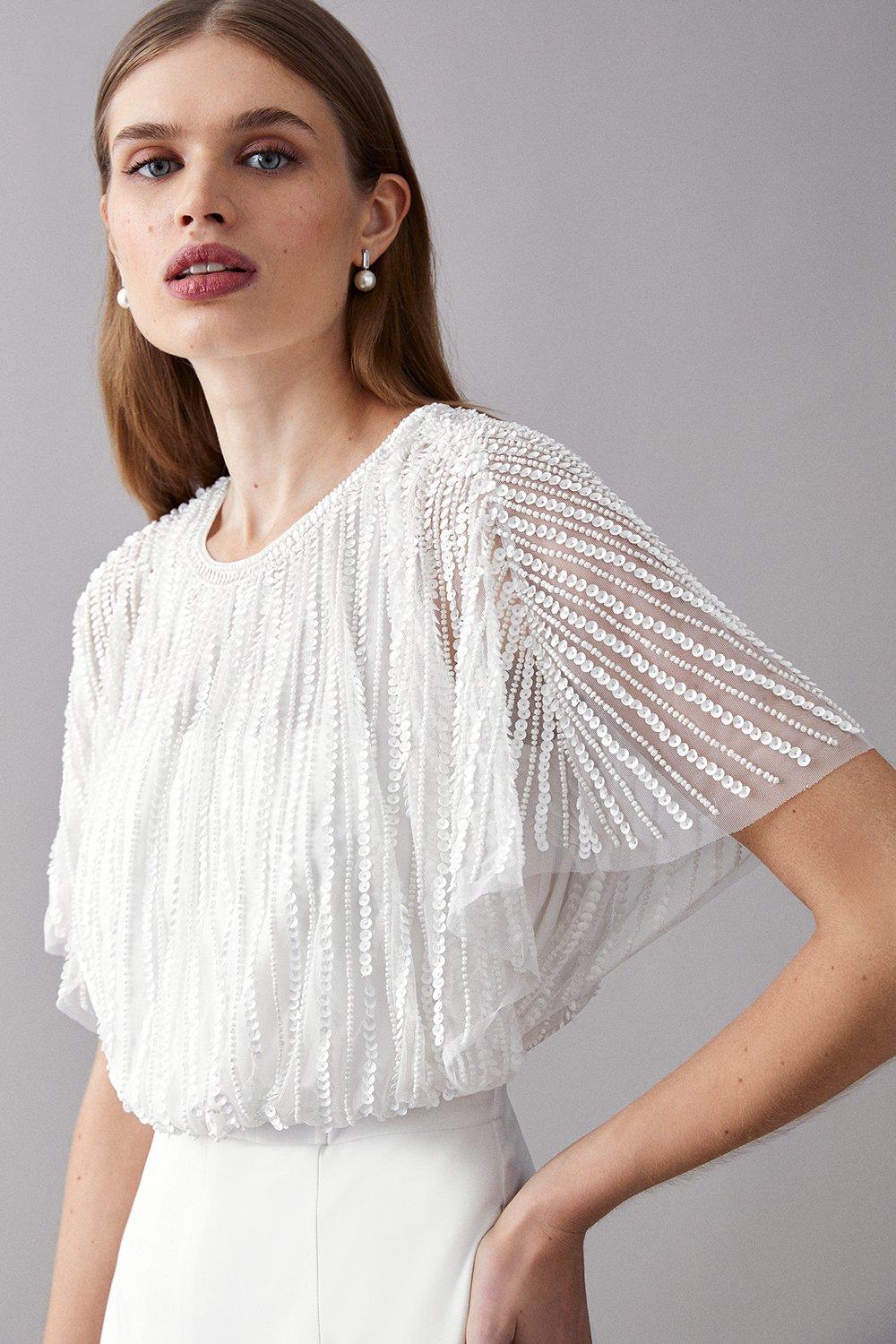 Hand Embellished Sequin And Beaded Cape Top - Ivory