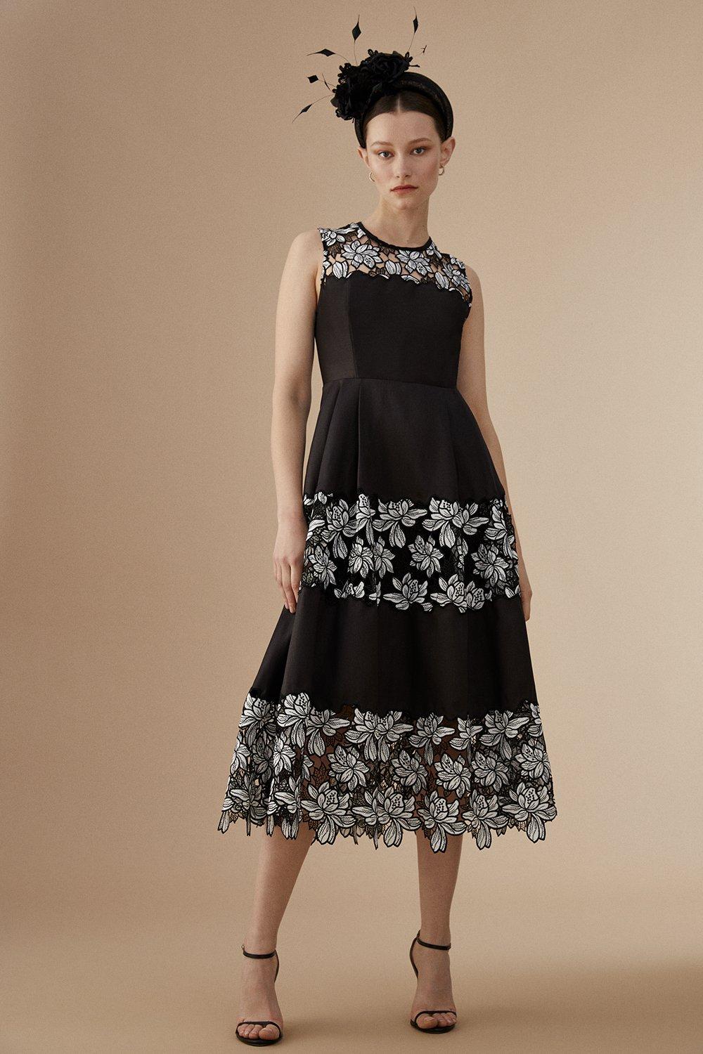 Lisa Tan Corded Lace Panelled Full Skirt Midi Dress - Mono