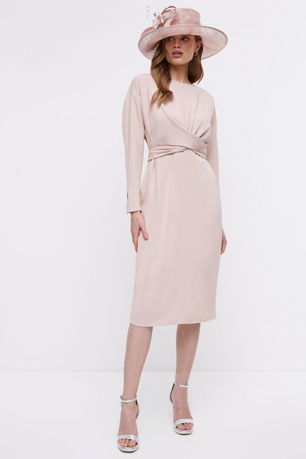 Midi Pencil Dress With Twist Front & Long Sleeve - Pink