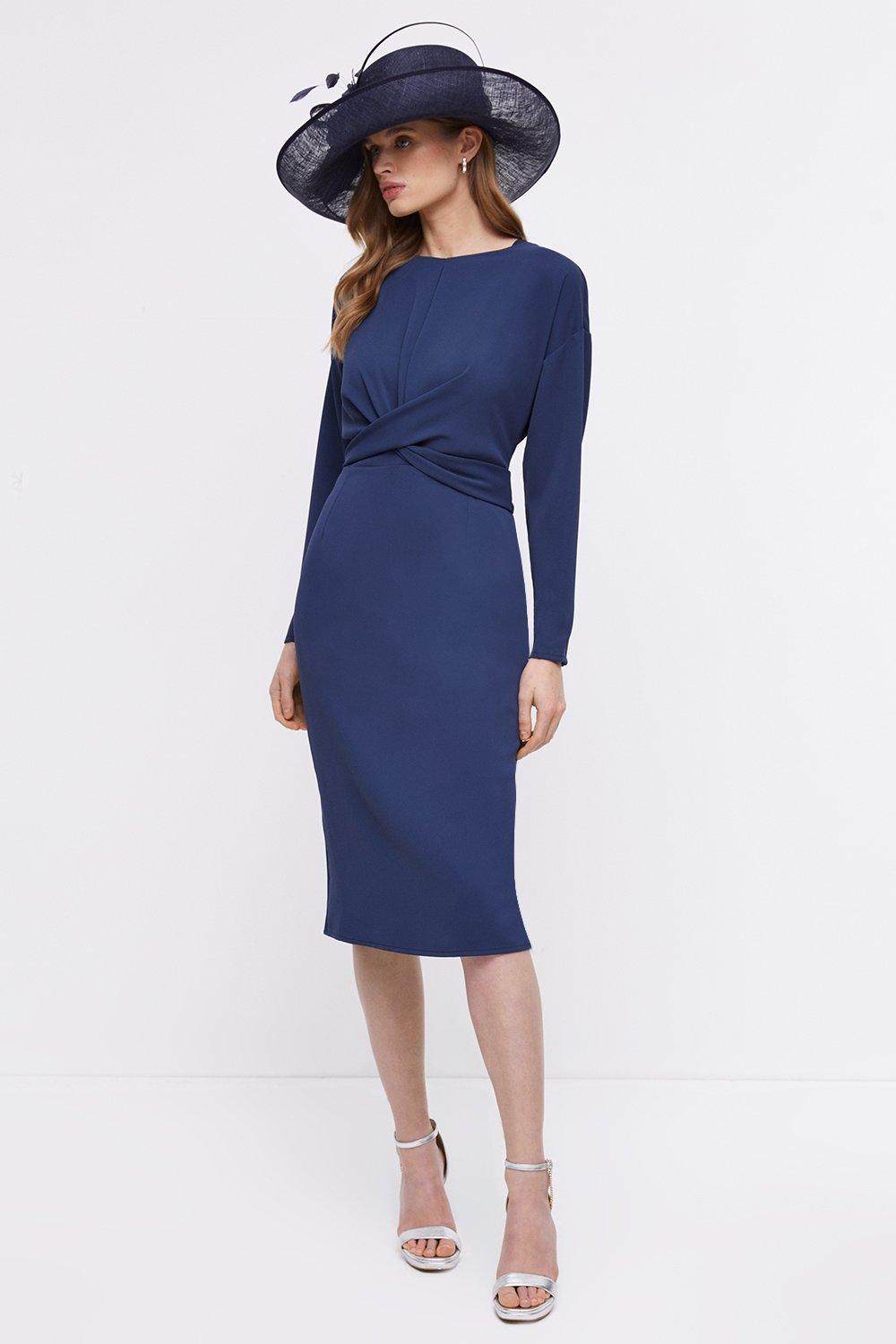 Midi Pencil Dress With Twist Front & Long Sleeve - Navy
