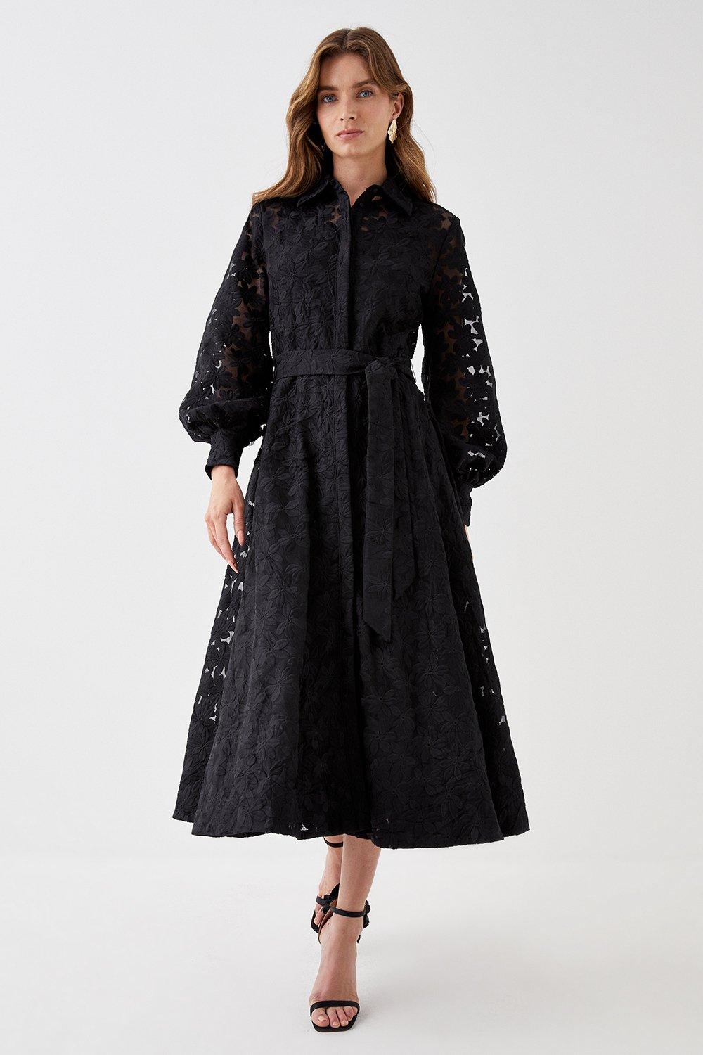 Premium Embroidered Organza Shirt Dress - Black