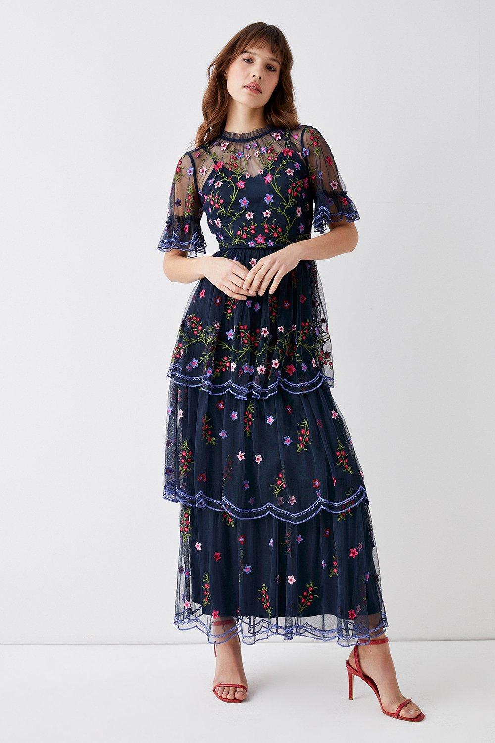 Embroidered Mesh Scallop Tiered Maxi Dress - Navy