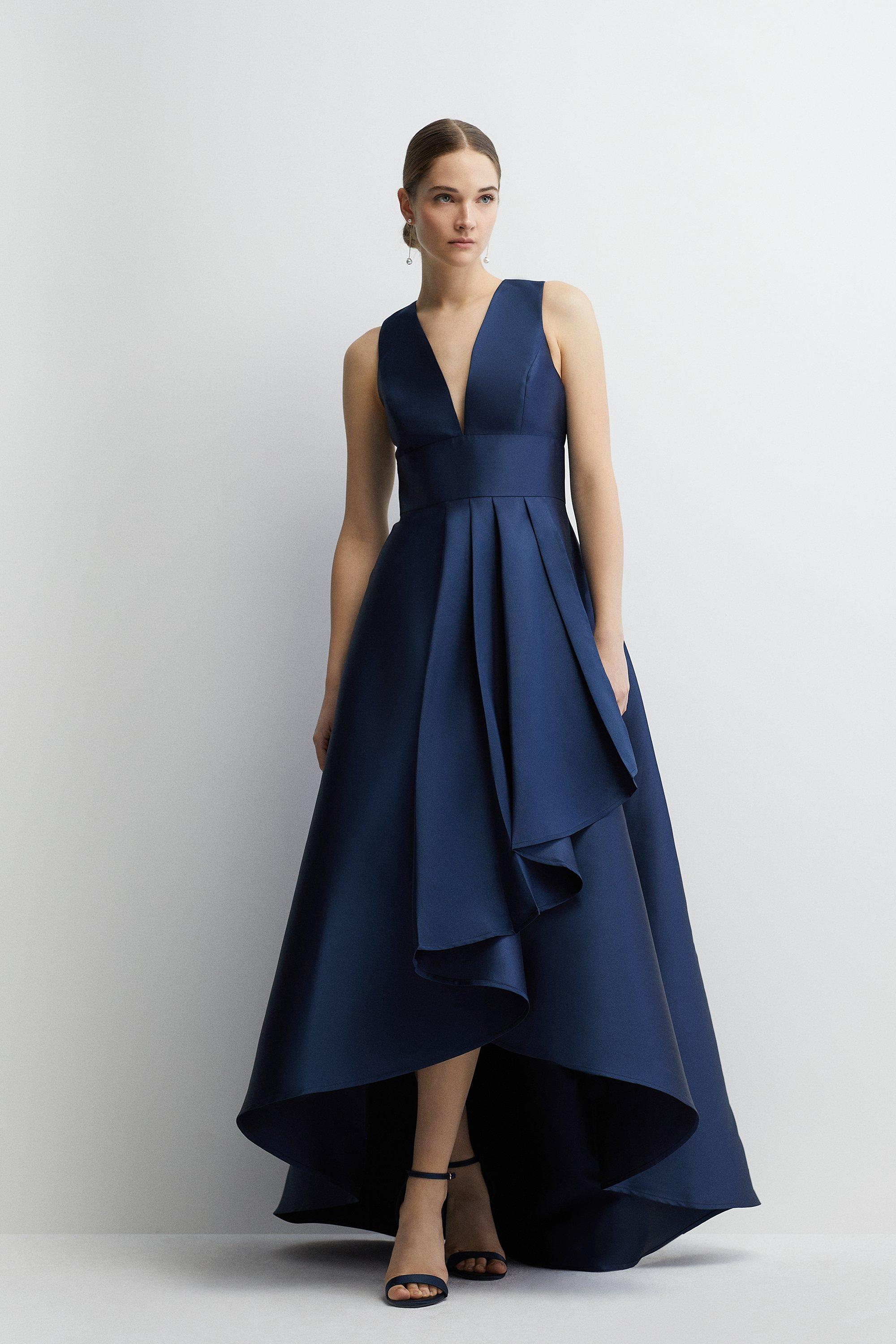 Plunge Neck Waterfall Bridesmaid Maxi Dress - Navy