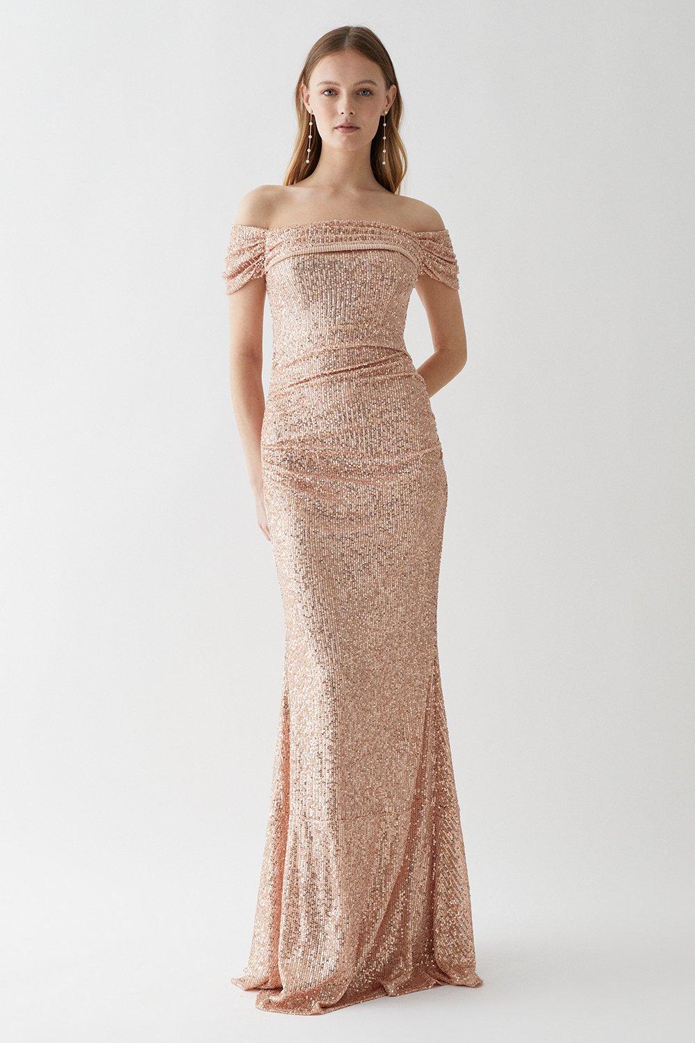 Bardot Ruche Detail Sequin Fishtail Bridesmaid Maxi Dress - Pink