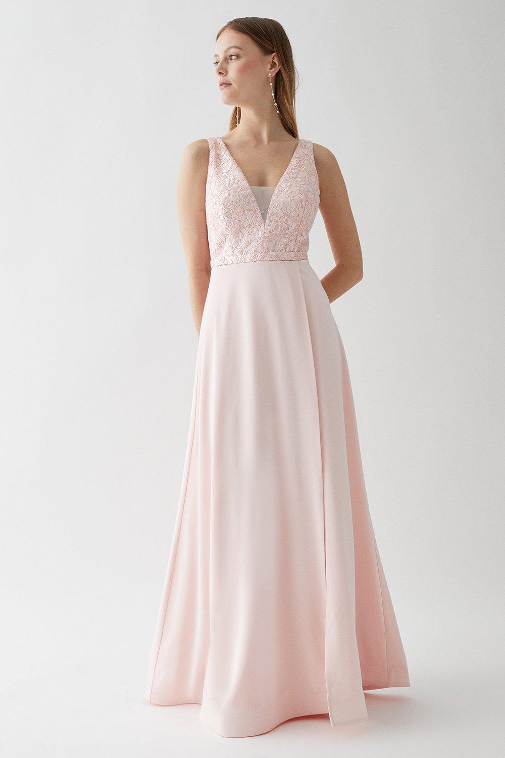 Sequin Mesh Bodice Full Satin Skirt Bridesmaid Dress - Pink