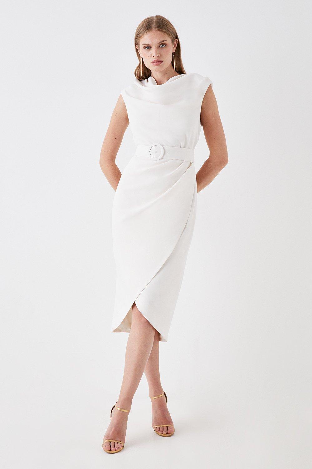 Belted High Neck Wrap Skirt Dress - Ivory