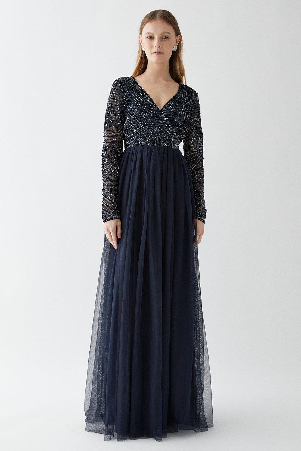 Long Sleeve Wrap Embellished Top Tulle Bridesmaids Dress - Navy