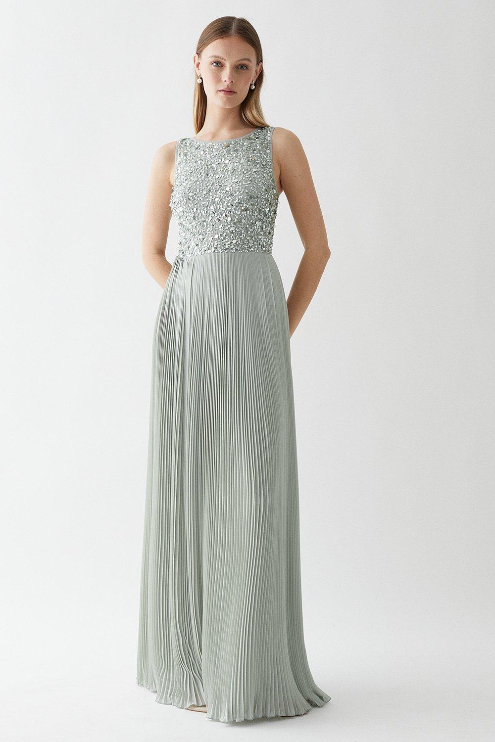 Embellished Top Pleat Skirt Bridesmaids Maxi Dress - Sage