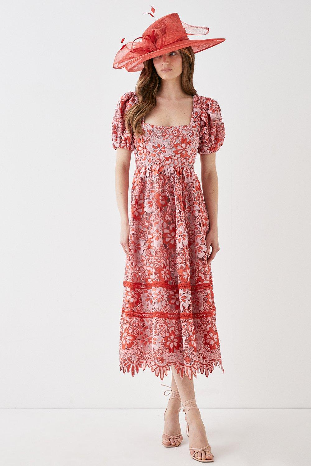 Square Neck Lace Dress With Puff Sleeve - Pink