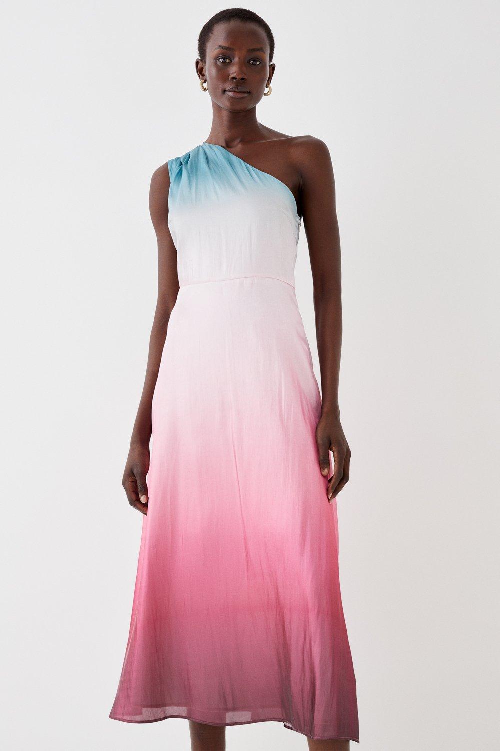 One Shoulder Glossy Organza Ombre Midi Dress