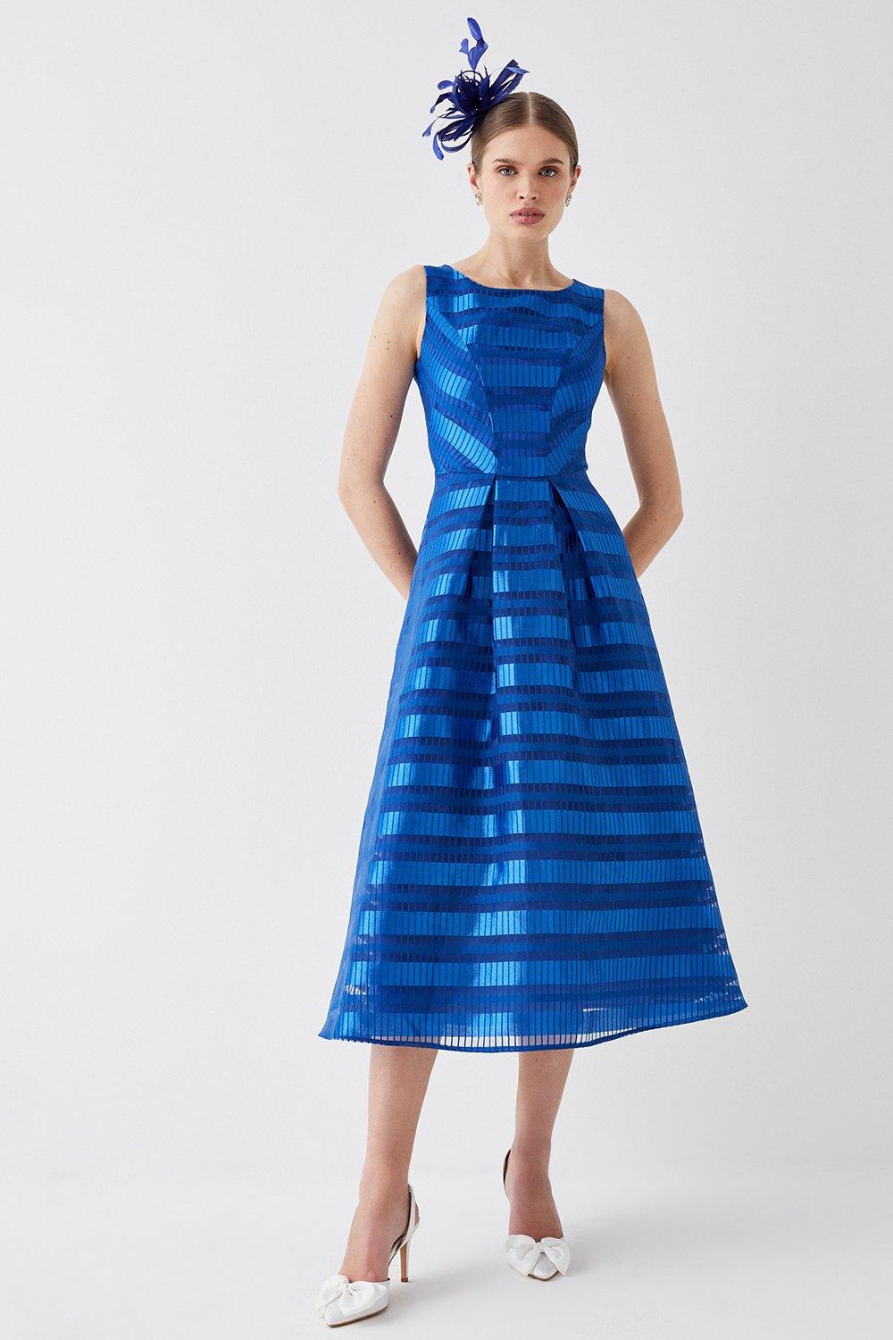 Sleeveless Stripe Jacquard Midi Dress - Blue