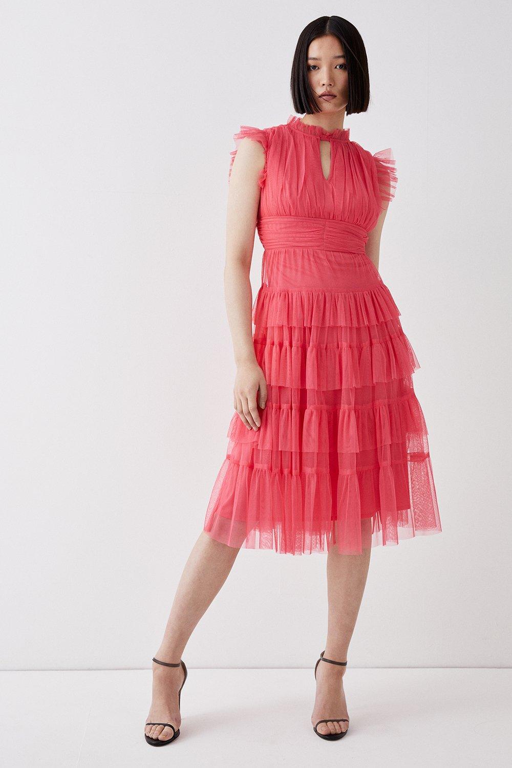 Tulle Tiered Frill Sleeve Dress - Pink