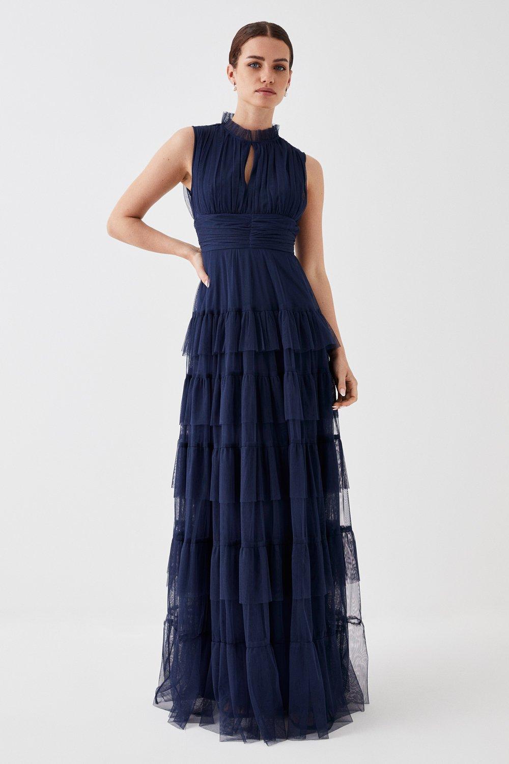 Petite Tulle Tiered Frill Sleeve Bridesmaids Maxi Dress - Navy
