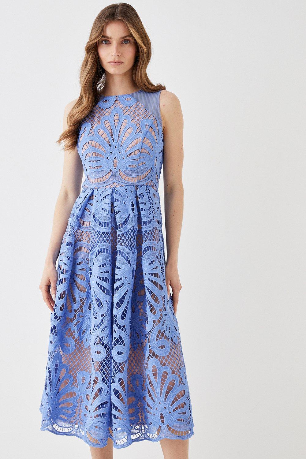 Premium Sleeveless Lace Midi Dress With Contrast Lining - Blue