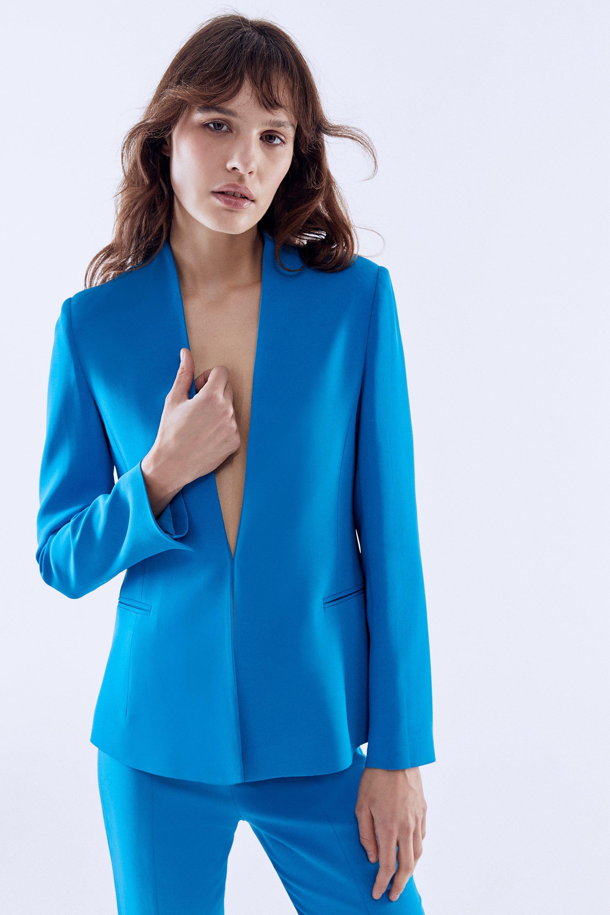 Premium Collarless Fitted Blazer - Turquoise