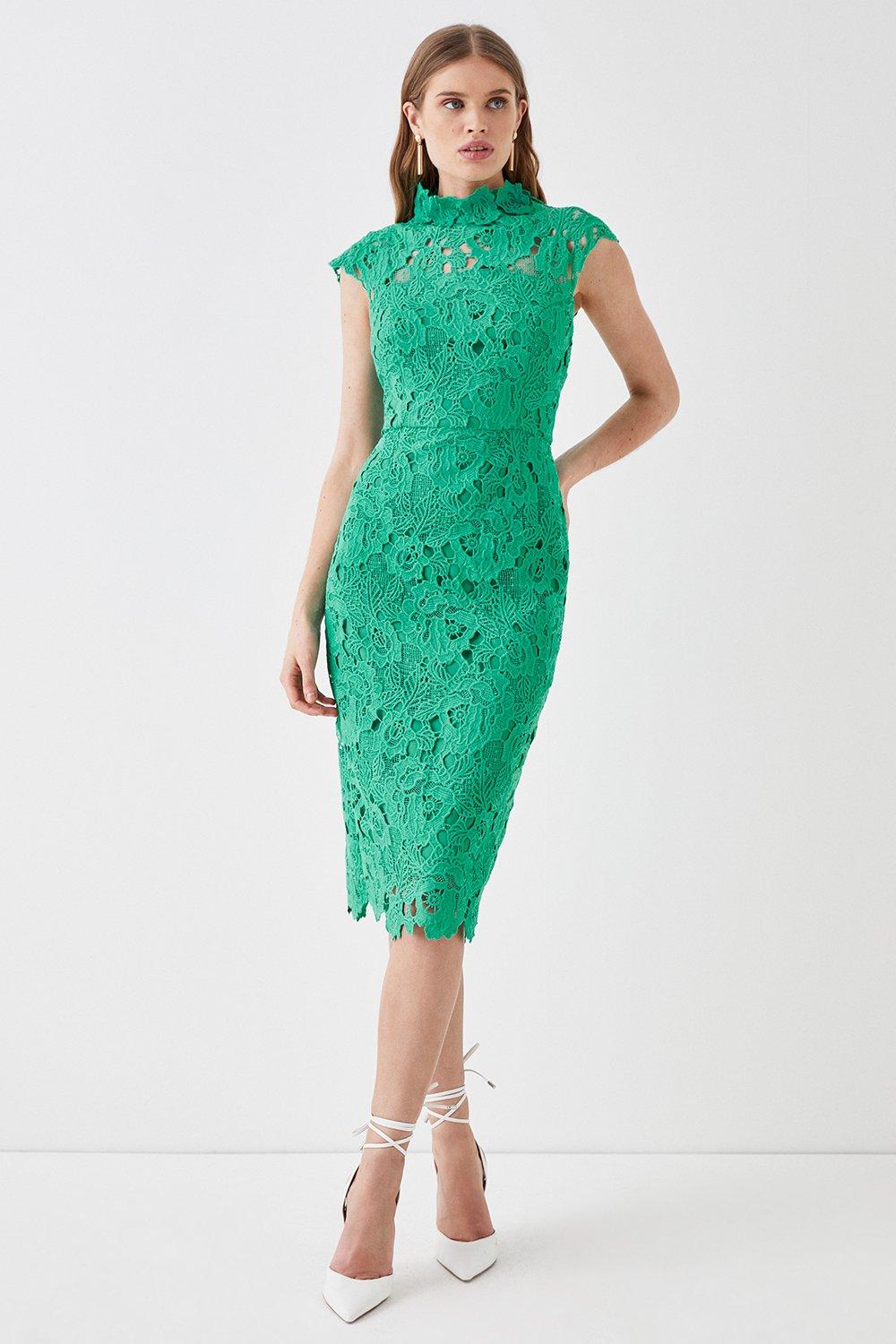 Lace Pencil Dress With Applique Neckline - Green