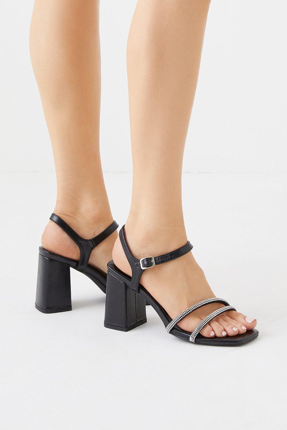 Diamante Double Strap Heeled Sandals - Black