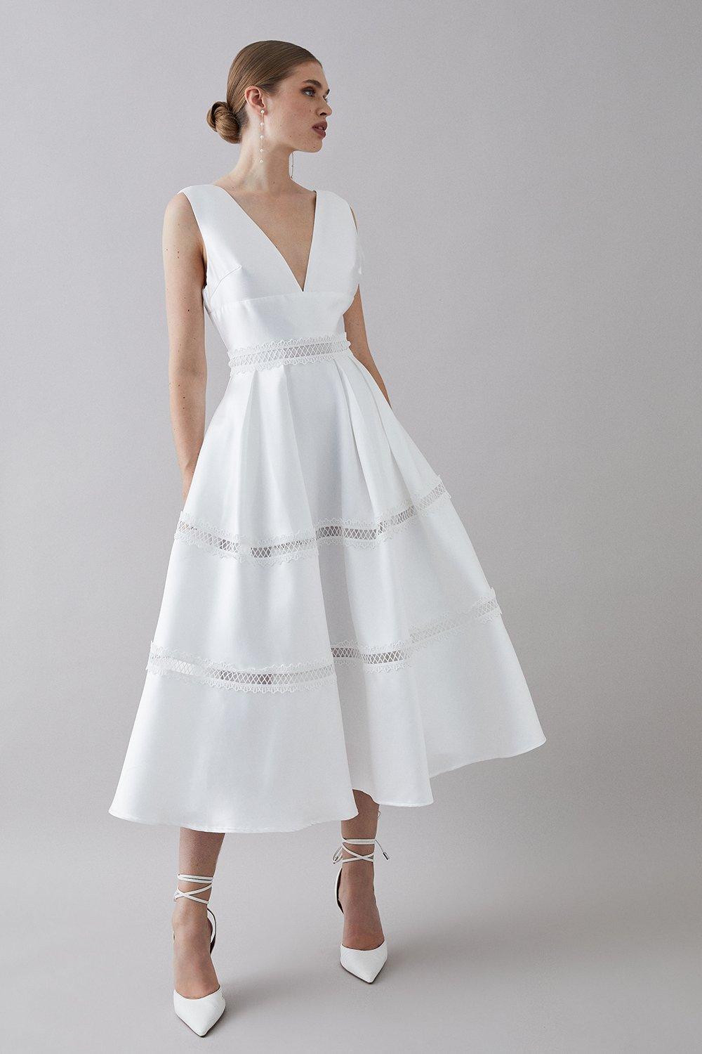 Plunge Neck Twill Midi Dress With Lace Trims - White