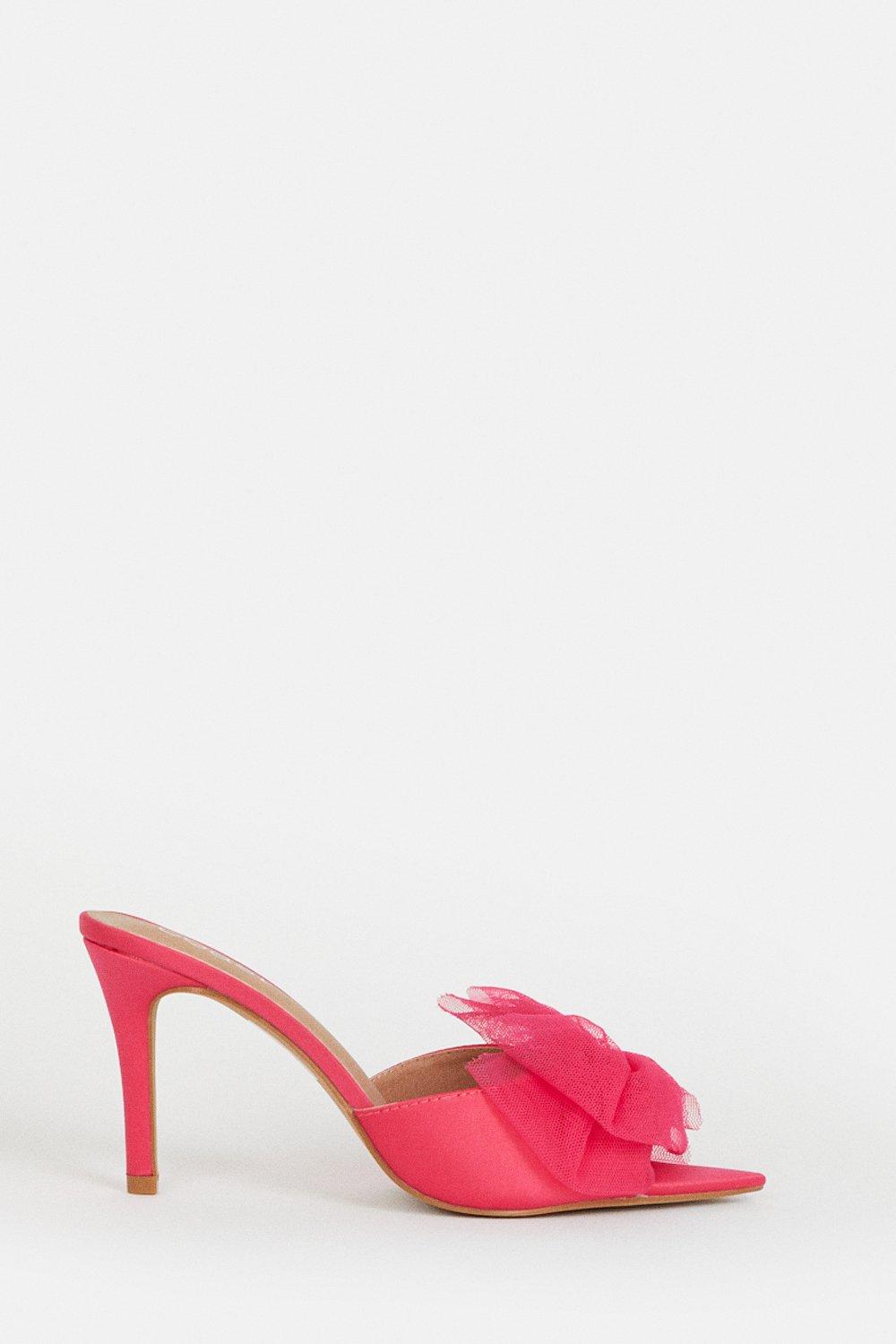 Open Toe Tulle Bow Heeled Stiletto Mules - Pink