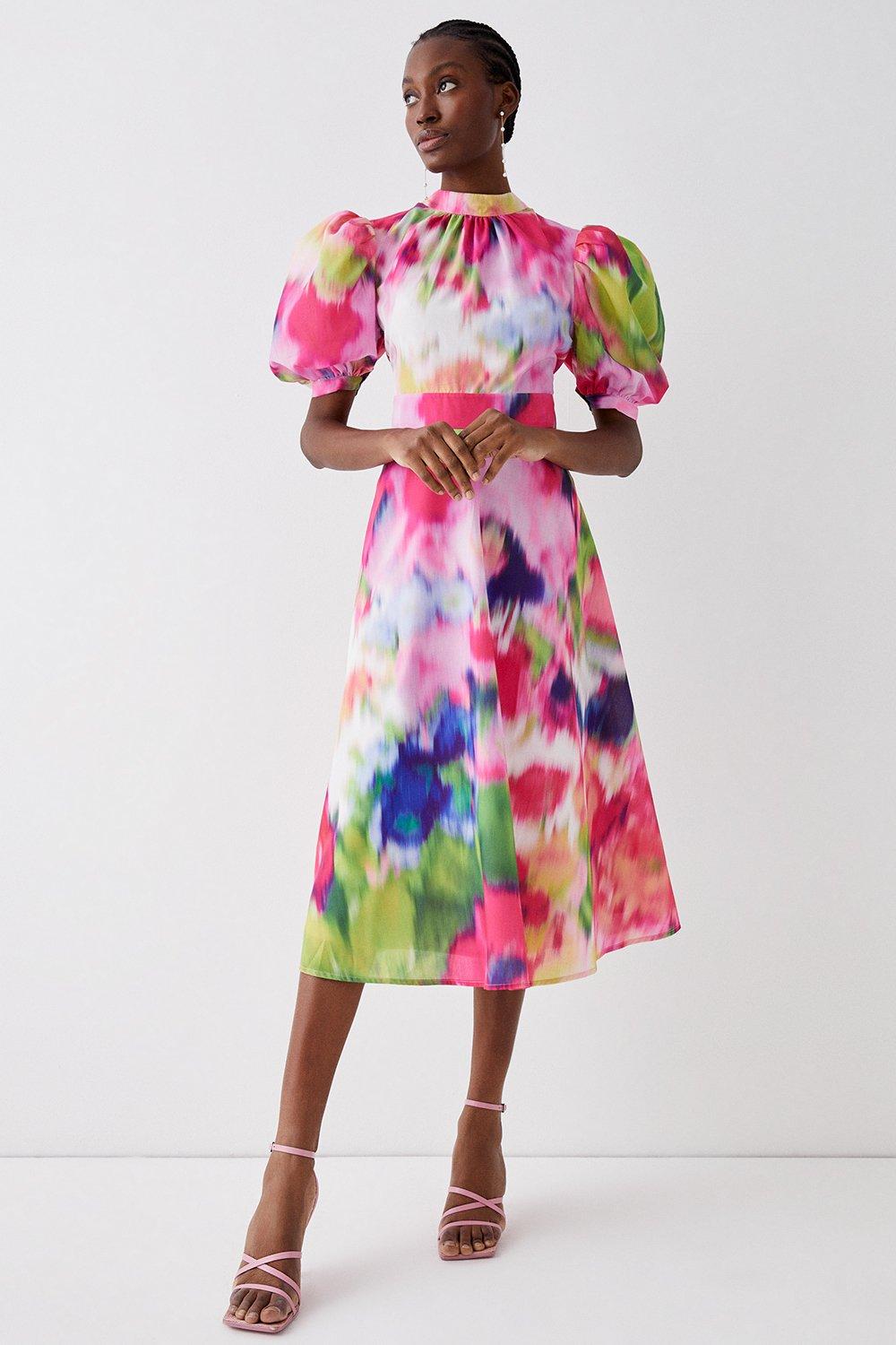 Blurred Floral Puff Sleeve Cutout Back Midi Dress - Pink