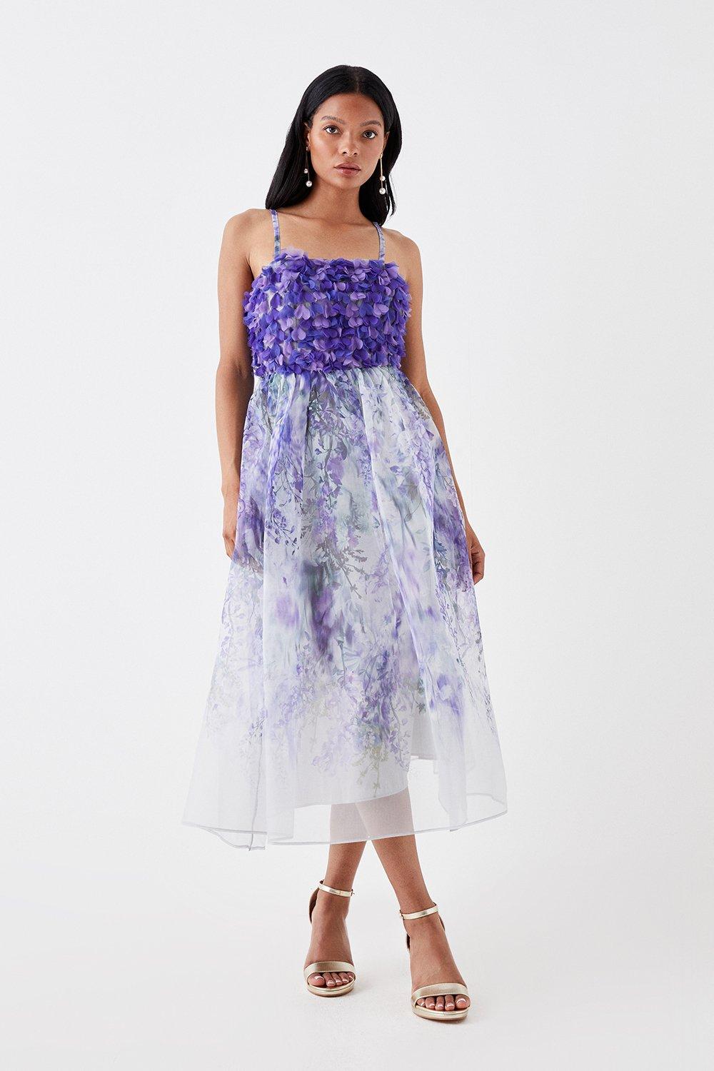 Petite Hand Stitched 3d Floral Bodice Full Skirt Midi Dress - Lilac