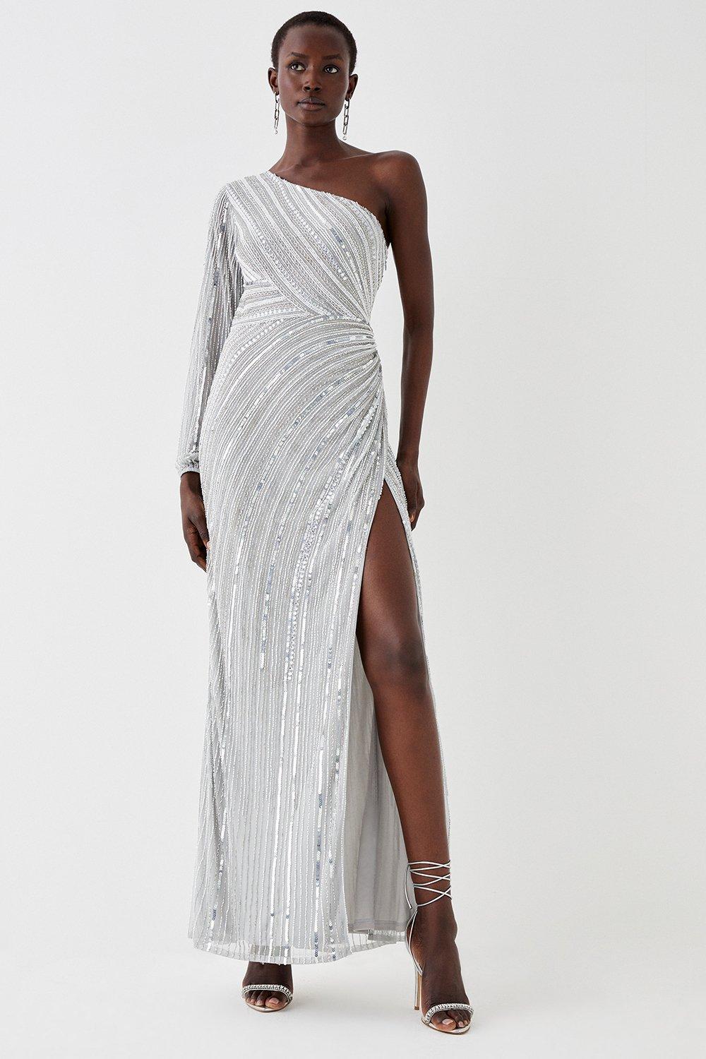 One Shoulder Embellished Maxi Dress - Silver