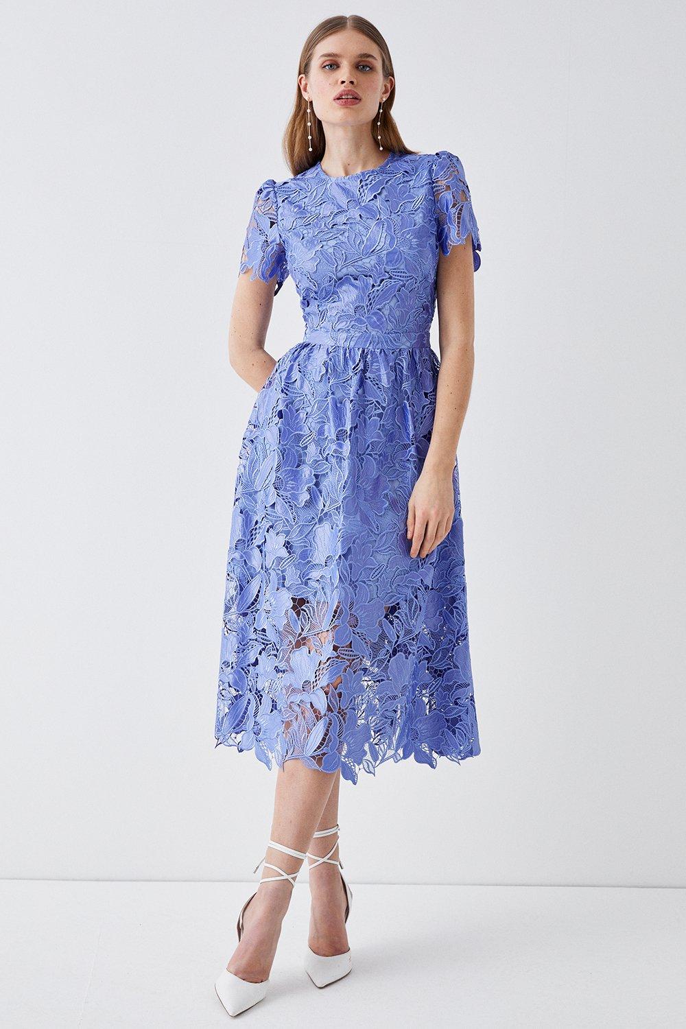 Premium Floral Satin Lace Midi Dress - Pale Blue