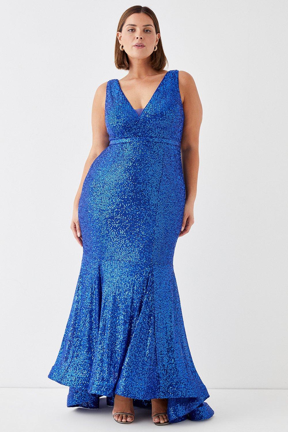 Plus Size Sequin Fishtail Maxi Dress - Blue