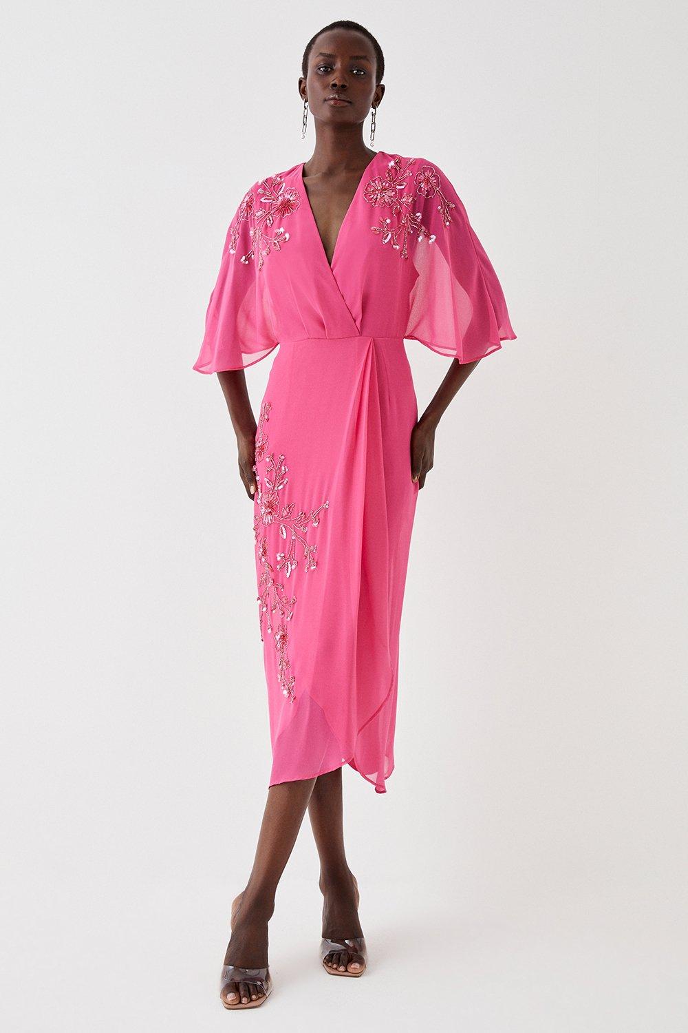 Embellished Knot Detail Wrap Midi Dress - Pink