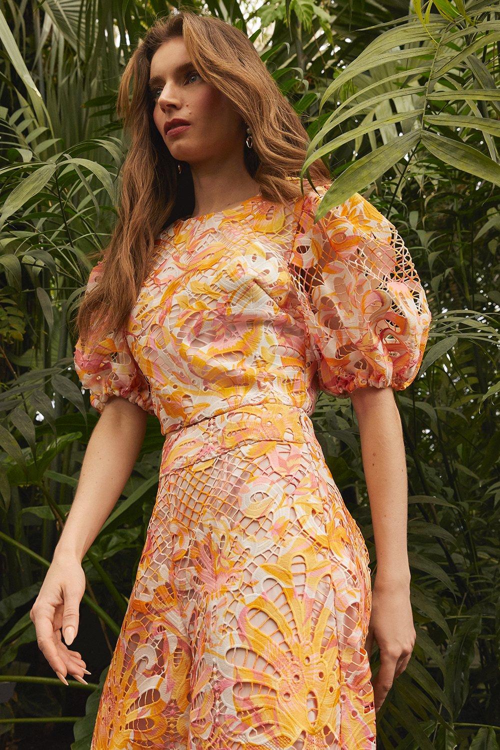 Alexandra Farmer Printed Lace Blouson Sleeve Top - Orange