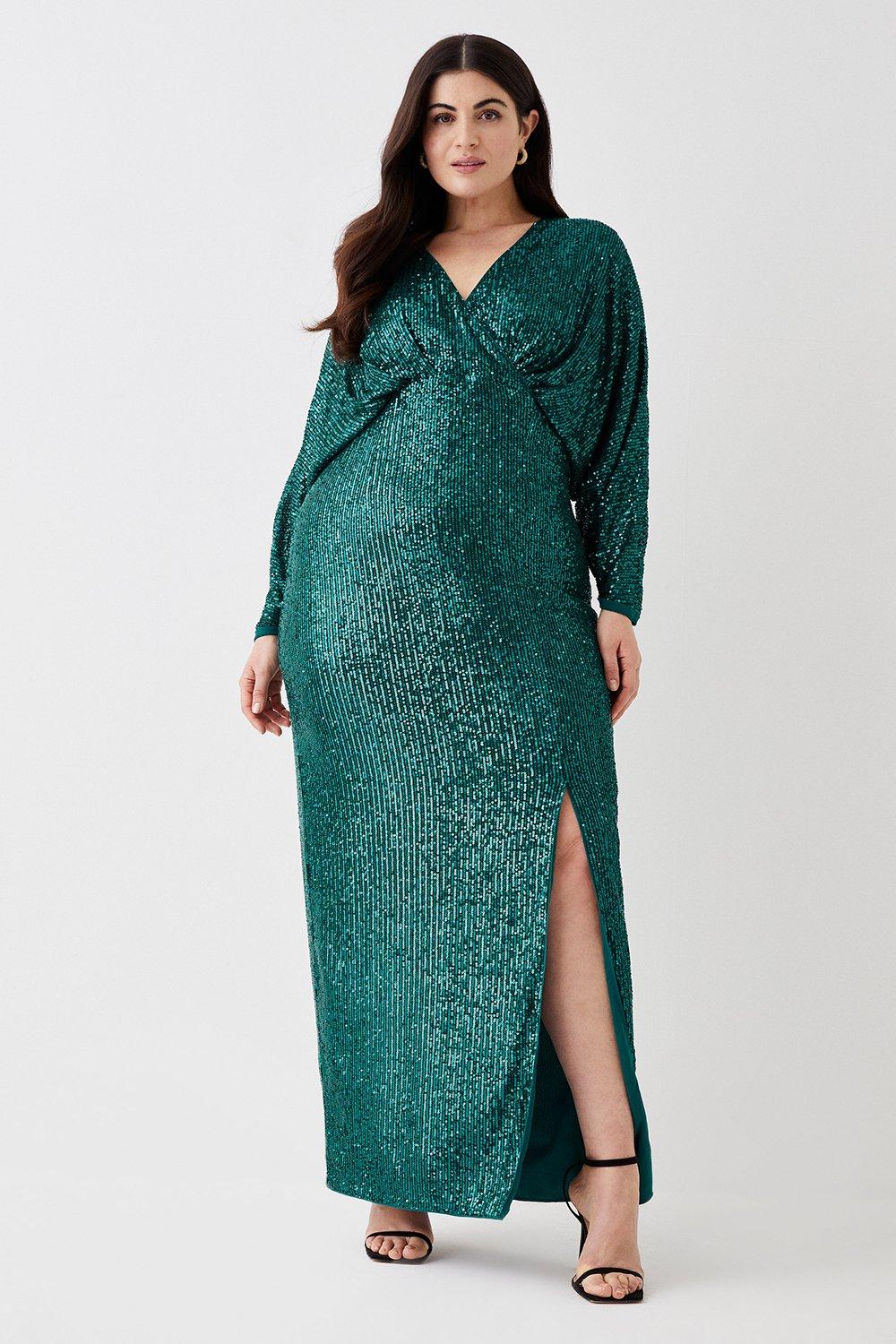 Plus Size Sequin Cross Front Maxi Dress - Green