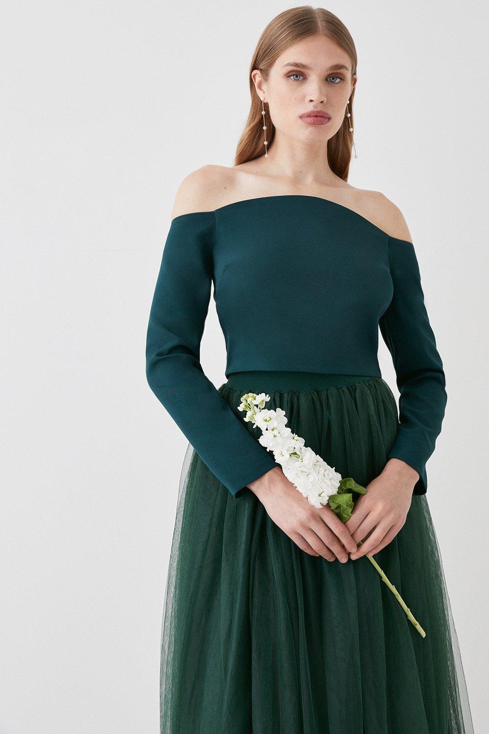 Long Sleeve Bardot Button Back Bridal Outfitter Top - Green