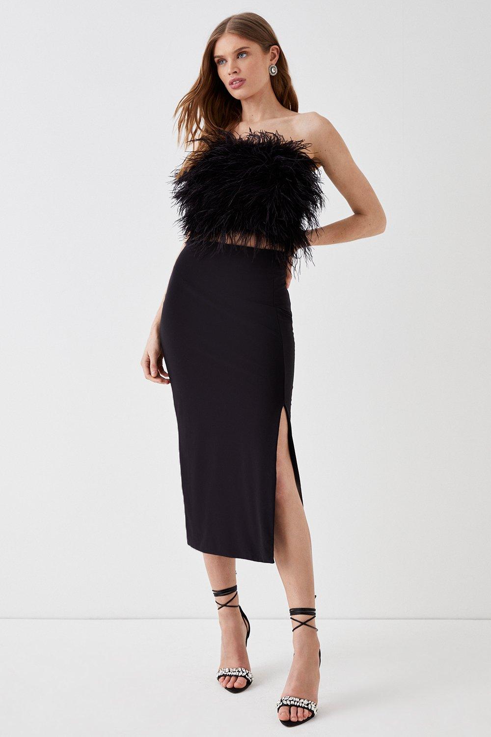 Side Slit Slinky Jersey Midi Skirt - Black