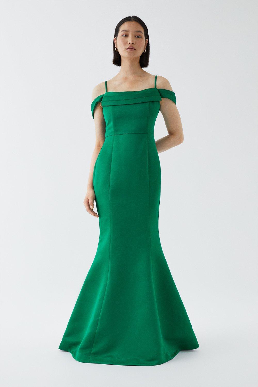 Corset Bardot Structured Satin Dress - Green