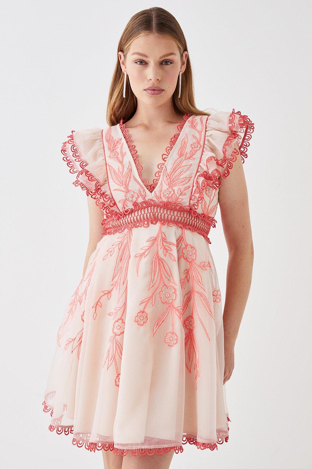 Premium Embroidered Organza Mini Dress With Ruffle Shoulder - Pink