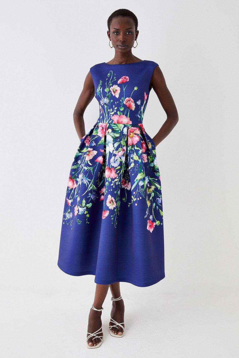 Floral Placement Full Skirted Scuba Dress - Navy