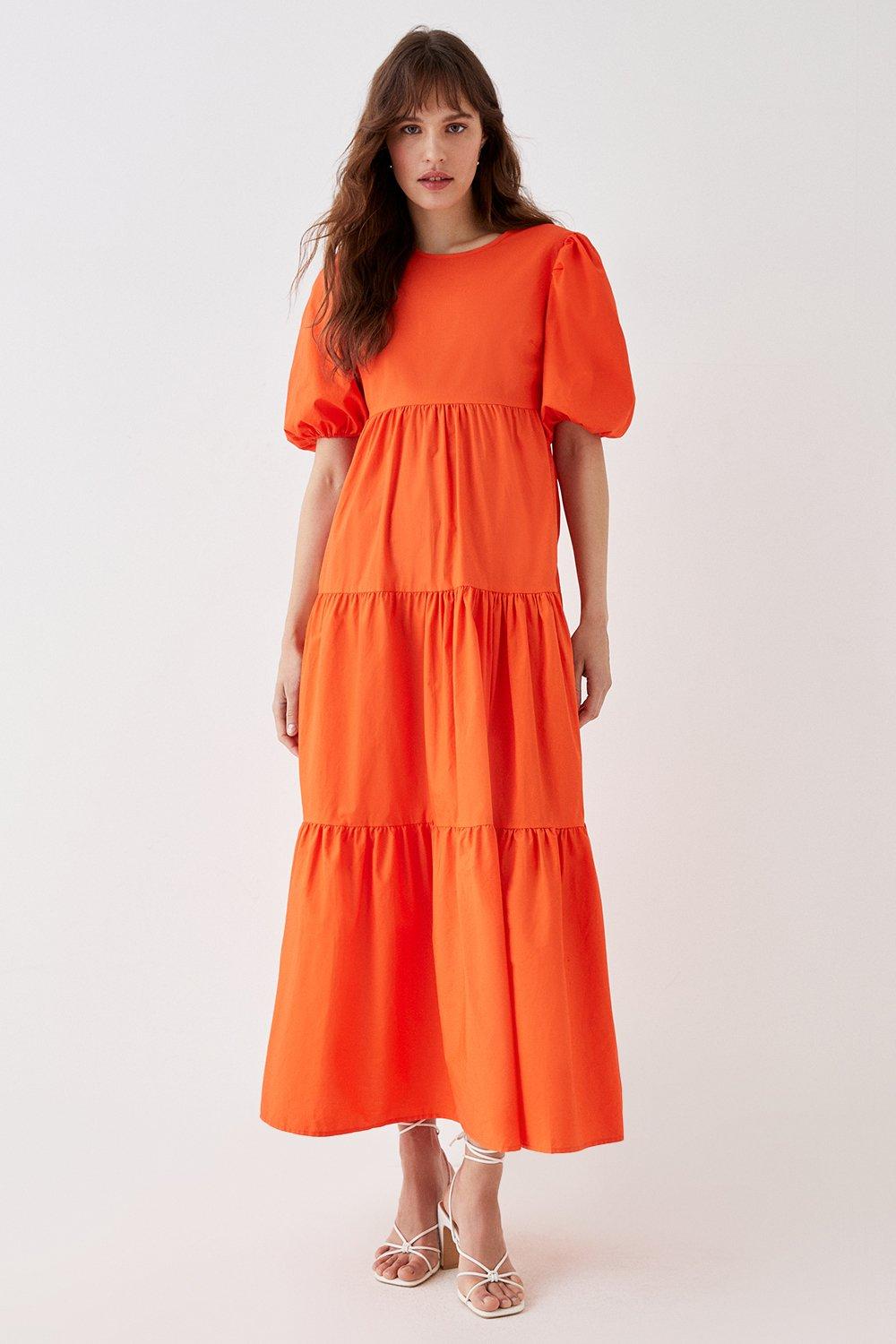 Cotton Tiered Keyhole Maxi Dress - Orange