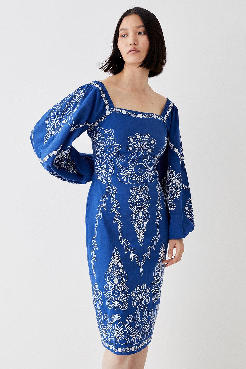 Contrast Embroidered Square Neck Midi Dress - Blue