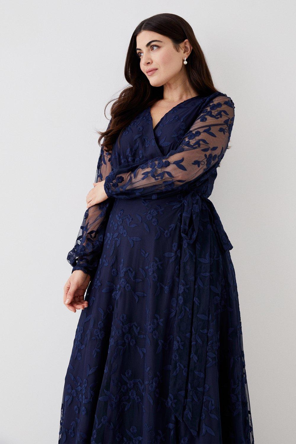 Plus Size Embroidered Mesh Wrap Bridesmaids Dress - Navy