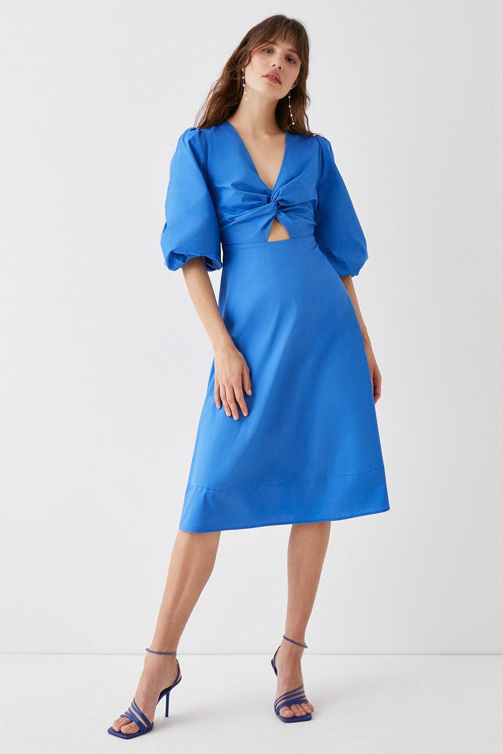 Cotton Twist Front Midi Dress - Blue