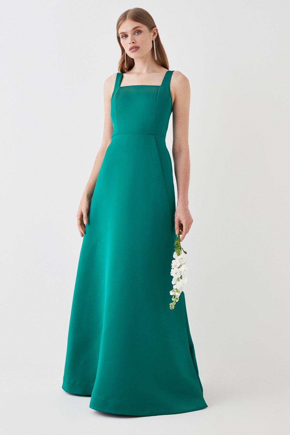 Structured Satin Square Neck Thigh Split Bridesmaids Dress - Green